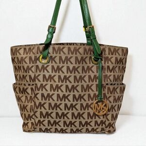 Michael Kors Signature Jet Set Tote Bag Brown Green Khaki Jacquar Gold Hardware
